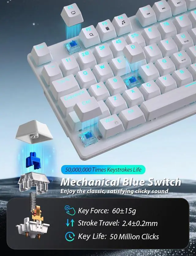 Alt view image 5 of 6 - Mechanical Gaming Keyboard and Mouse, LED Backlit 98-Key Floating Keycap & 4 DPI RGB Gaming Mouse with Mouse Pad, Full Anti-Ghost Light Up Wired Computer Keyboards for MAC PC Gamer Accessories, White