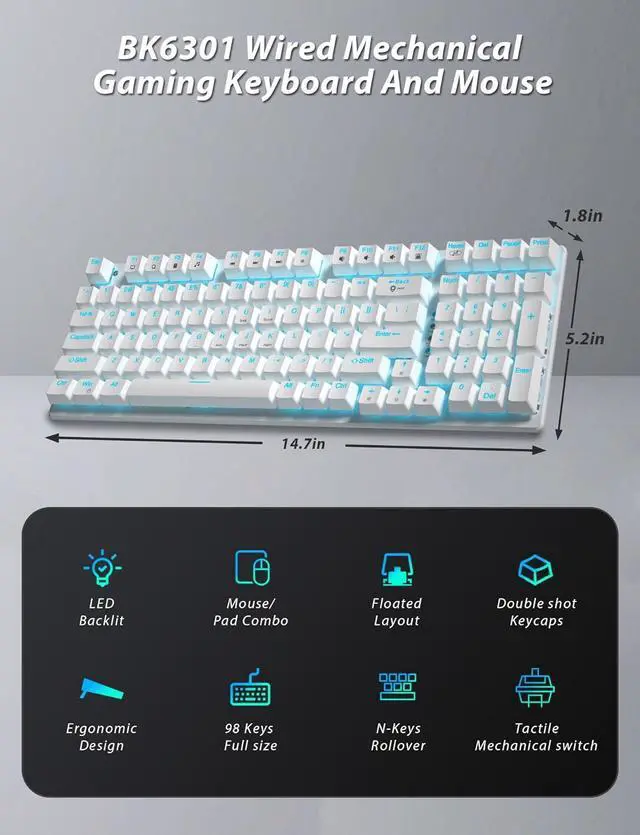 Alt view image 2 of 6 - Mechanical Gaming Keyboard and Mouse, LED Backlit 98-Key Floating Keycap & 4 DPI RGB Gaming Mouse with Mouse Pad, Full Anti-Ghost Light Up Wired Computer Keyboards for MAC PC Gamer Accessories, White