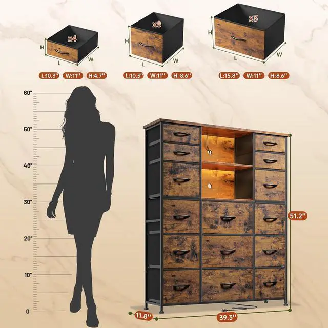 Alt view image 2 of 6 - 51" H Tall Dresser with 15 Drawers Dresser for Bedroom with Charging Station & LED Lights & Hutch Sturdy Black Bedroom Dressers, Steel Frame, Wood Top, 51.2" H x 39.3" W x 11.8" D - Rustic Brown