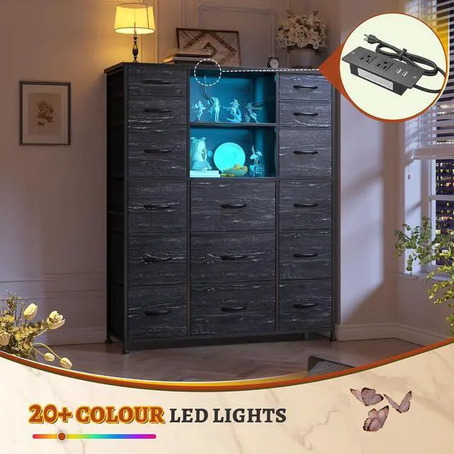 Alt view image 4 of 6 - 51" H Tall Dresser with 15 Drawers Dresser for Bedroom with Charging Station & LED Lights & Hutch Sturdy Black Bedroom Dressers, Steel Frame, Wood Top, 51.2" H x 39.3" W x 11.8" D - Rustic Brown