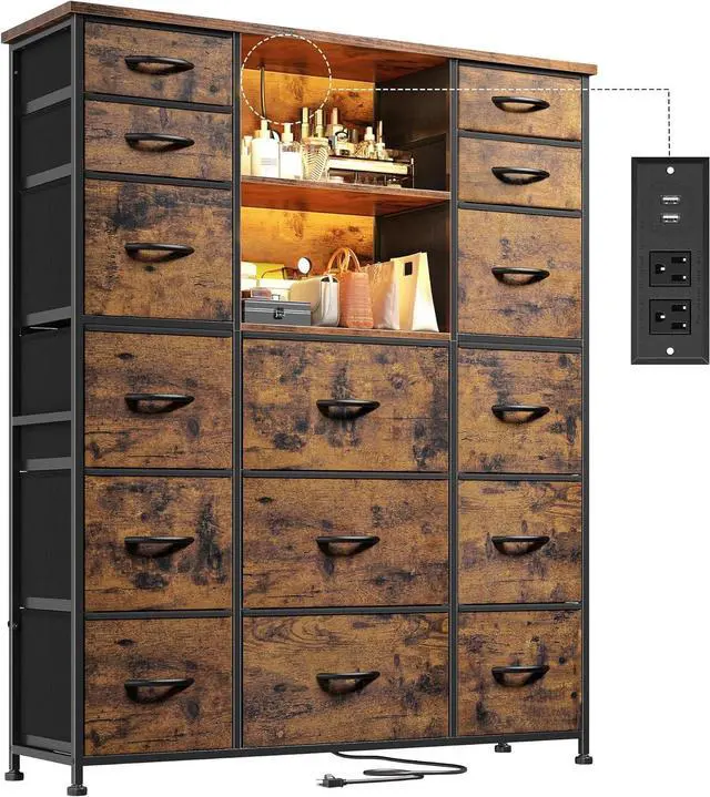 Main image of 51" H Tall Dresser with 15 Drawers Dresser for Bedroom with Charging Station & LED Lights & Hutch Sturdy Black Bedroom Dressers, Steel Frame, Wood Top, 51.2" H x 39.3" W x 11.8" D - Rustic Brown
