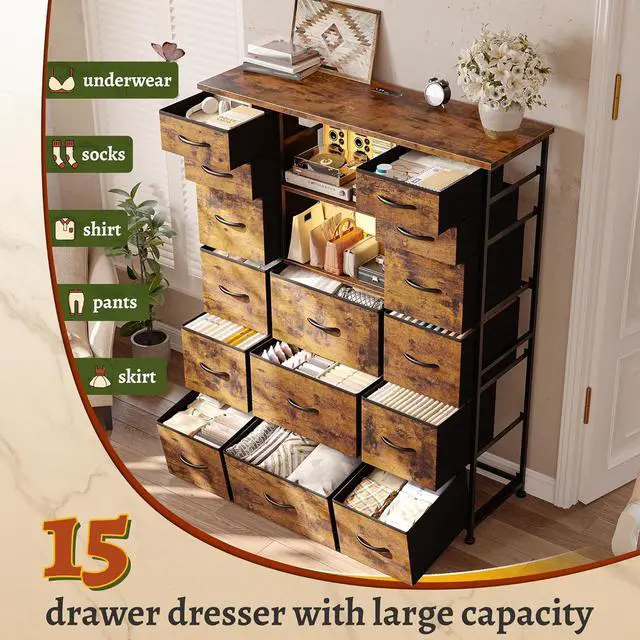 Alt view image 3 of 6 - 51" H Tall Dresser with 15 Drawers Dresser for Bedroom with Charging Station & LED Lights & Hutch Sturdy Black Bedroom Dressers, Steel Frame, Wood Top, 51.2" H x 39.3" W x 11.8" D - Rustic Brown