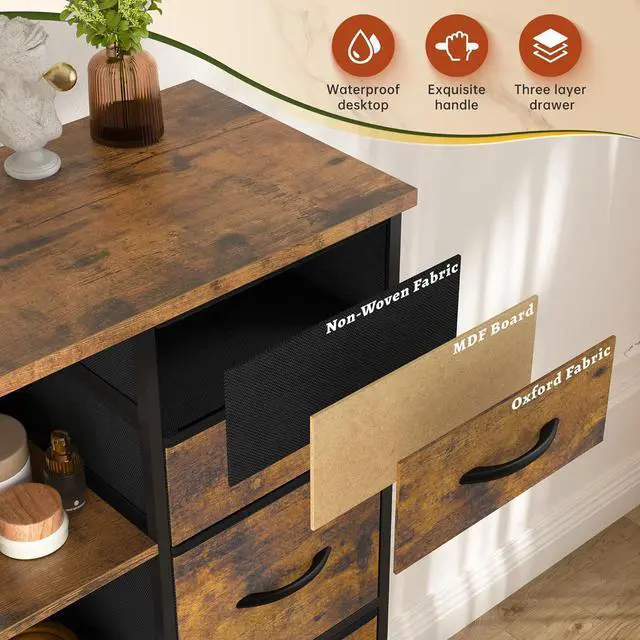 Alt view image 6 of 6 - 51" H Tall Dresser with 15 Drawers Dresser for Bedroom with Charging Station & LED Lights & Hutch Sturdy Black Bedroom Dressers, Steel Frame, Wood Top, 51.2" H x 39.3" W x 11.8" D - Rustic Brown