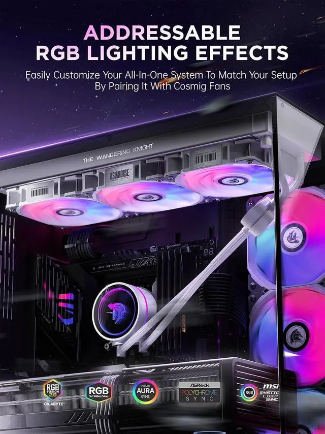 Alt view image 2 of 7 - ARGB All-in-One AIO CPU Liquid Cooler, Wandering Knight 360mm Water Cooling System with Dual High-Performance Pump and 3×120mm PWM Fans, Compatible with Intel & AMD CPUs (Black) White
