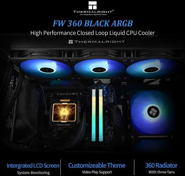 Alt view image 2 of 6 - Thermalright FW360 Black ARGB CPU AIO Cooler,PC 360 Specification Water Cooler System,IPS LCD Screen with 320x240 Resolution,for AM5&Intel LGA1700/1851,CPU Cooler Comes with 2.4-inch LCD Display