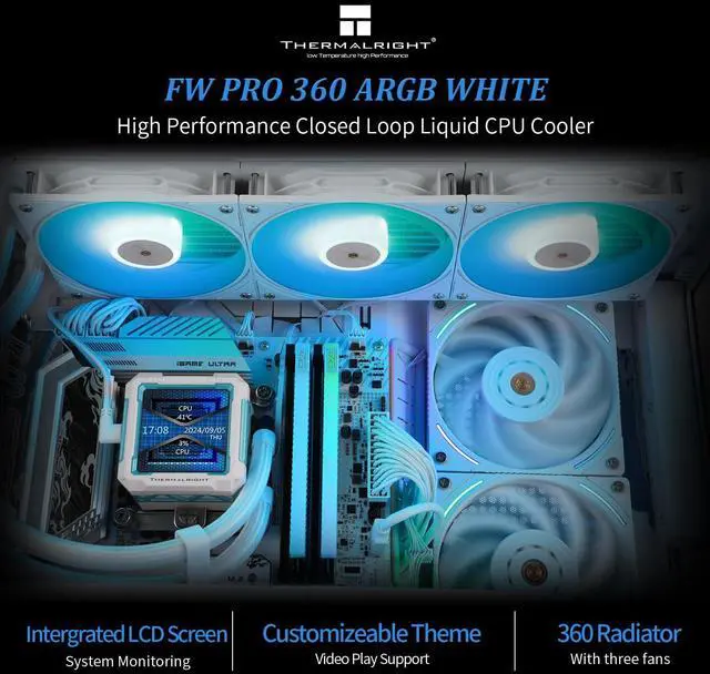 Alt view image 2 of 6 - Thermalright FW PRO 360 ARGB White-360mm AIO CPU Liquid Cooler,IPS LCD Screen with 320 * 320 Resolution,for AM4/AM5/Intel LGA1700/1851,2.73 inchMagnet-Absorbent LCD Screen for Images