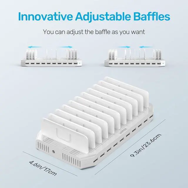 Alt view image 6 of 7 - Multi Charging Station, 10-Port USB Charger for Multiple Device with SmartIC Tech and Adjustable Dividers, Organizer Stand Compatible with iPad, Tablet, Kindle, iPhone