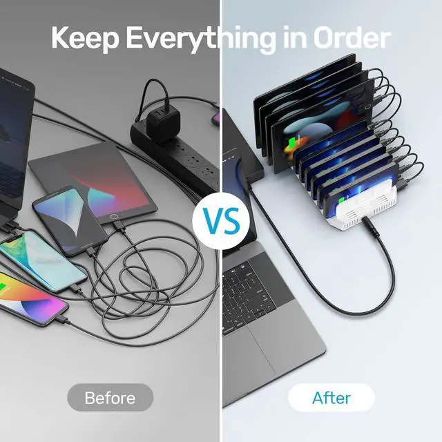 Alt view image 4 of 7 - Multi Charging Station, 10-Port USB Charger for Multiple Device with SmartIC Tech and Adjustable Dividers, Organizer Stand Compatible with iPad, Tablet, Kindle, iPhone