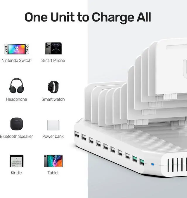 Alt view image 4 of 7 - iPad Charging Station, 96W 10-Port USB Charging Dock Hub with Quick Charge 3.0, Charging Stand Compatible Multiple Device, Charging 8 iPads Simultaneously