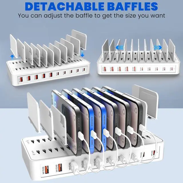 Alt view image 4 of 7 - Charging Station for Multiple Devices, 100W 10 Ports Flat Plug Charging Dock with 10 Cables Smart IC Tech and Adjustable Dividers Type-C,Multi USB Charger for iPhone Galaxy iPad Tablet,White