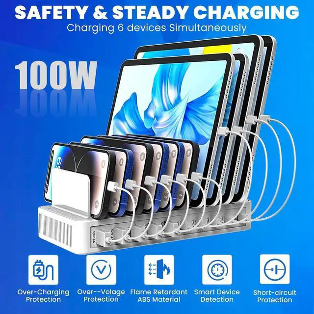 Alt view image 2 of 7 - Charging Station for Multiple Devices, 100W 10 Ports Flat Plug Charging Dock with 10 Cables Smart IC Tech and Adjustable Dividers Type-C,Multi USB Charger for iPhone Galaxy iPad Tablet,White