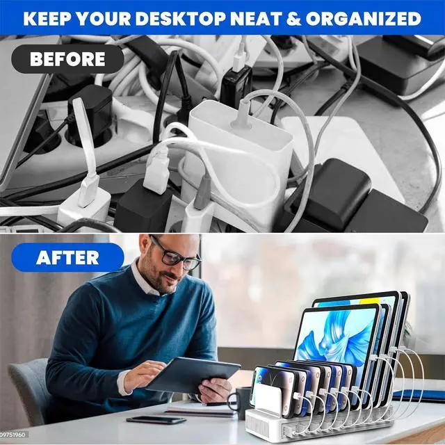 Alt view image 6 of 7 - Charging Station for Multiple Devices, 100W 10 Ports Flat Plug Charging Dock with 10 Cables Smart IC Tech and Adjustable Dividers Type-C,Multi USB Charger for iPhone Galaxy iPad Tablet,White