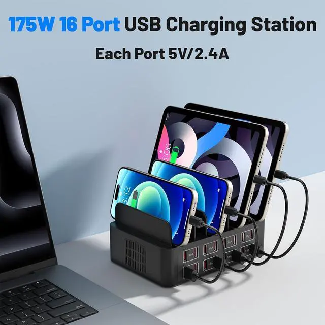 Alt view image 2 of 6 - Charging Station for Multiple Devices, 16 Port USB Fast Charging Station, 175W Ipad Charger Station, Multiple Charger Organizer Compatible with Smartphones, Tablets and Other Devices