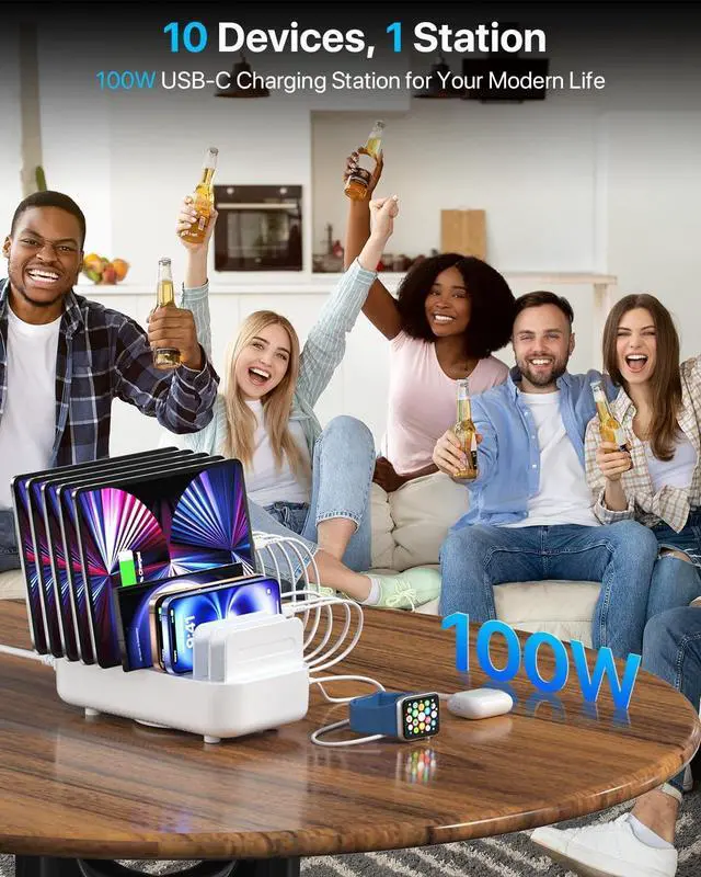 Alt view image 2 of 6 - Multi USB Charging Station,100W 10-Port Type C Fast lPad Charging Station for Multiple Devices with Adjustable Dividers, Charger Organizer Compatible with Phone, Tablet,Kindle and More(White)