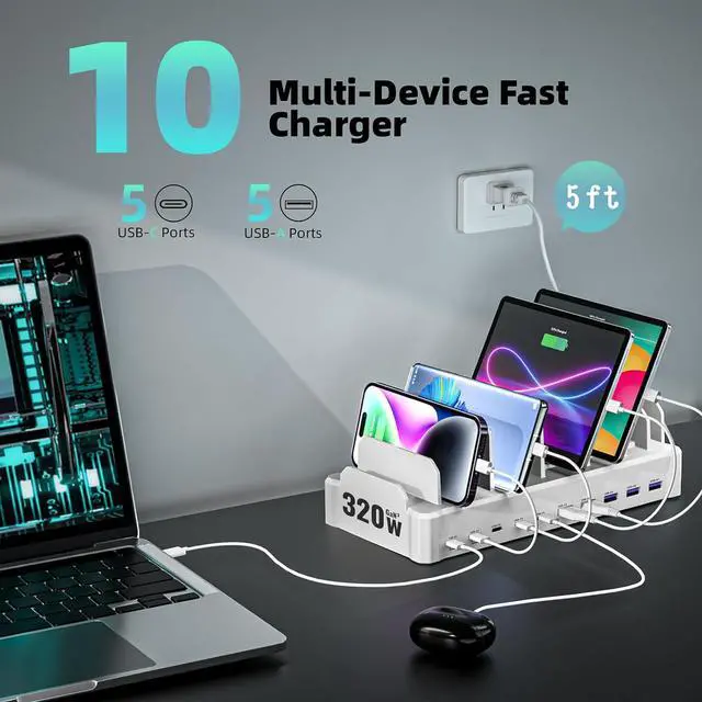 Alt view image 4 of 7 - 320W Charging Station for Multiple Devices, Zobirez 10-Port USB C Fast Charger Stations for MacBook, iPhone, Android Cell Phone, iPad, Tablet, Family Multi-Device Organizer Charging Dock, White
