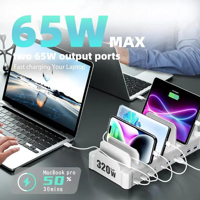 Alt view image 3 of 7 - 320W Charging Station for Multiple Devices, Zobirez 10-Port USB C Fast Charger Stations for MacBook, iPhone, Android Cell Phone, iPad, Tablet, Family Multi-Device Organizer Charging Dock, White