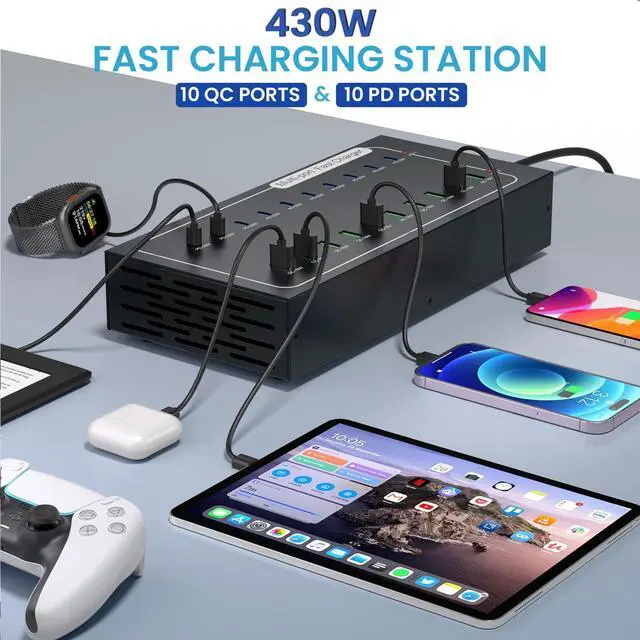 Alt view image 2 of 7 - Fast USB Charging Station, 430W 20 Port (10 PD+10 QC) USB C Fast Charging Station for Multiple Devices, Power Charger Block with Intelligent Protection for iPhone iPad Cell Phone Tablet