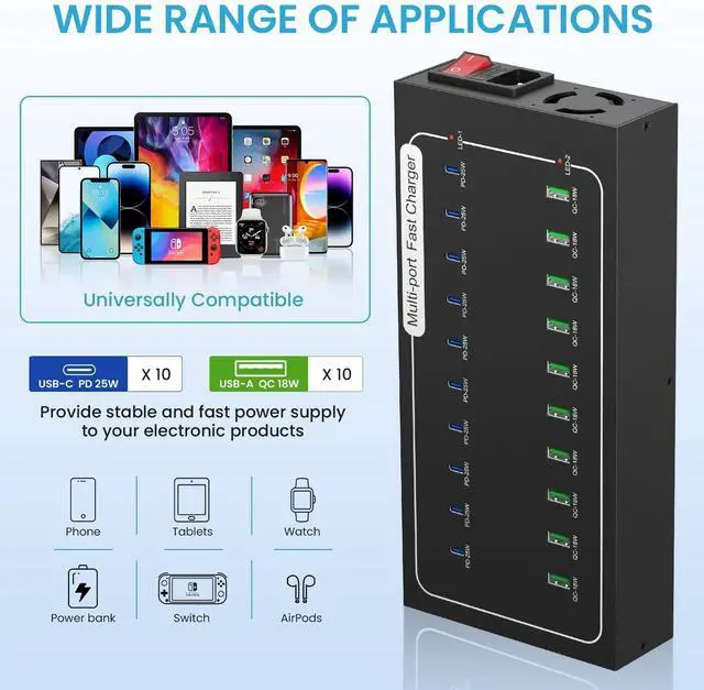 Alt view image 7 of 7 - Fast USB Charging Station, 430W 20 Port (10 PD+10 QC) USB C Fast Charging Station for Multiple Devices, Power Charger Block with Intelligent Protection for iPhone iPad Cell Phone Tablet