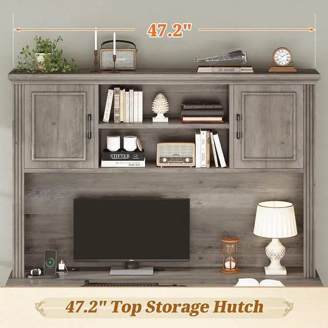 Alt view image 6 of 7 - Farmhouse Computer Desk with Hutch and 3 Drawers, 47.2" Executive Office Desk with Storage Drawers, Wood Desk with Power Outlet for Home Office, Grey