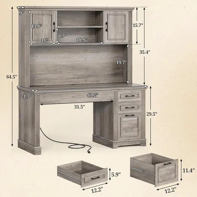 Alt view image 2 of 7 - Farmhouse Computer Desk with Hutch and 3 Drawers, 47.2" Executive Office Desk with Storage Drawers, Wood Desk with Power Outlet for Home Office, Grey