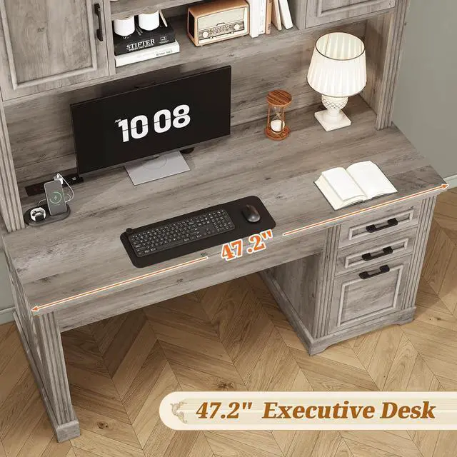 Alt view image 4 of 7 - Farmhouse Computer Desk with Hutch and 3 Drawers, 47.2" Executive Office Desk with Storage Drawers, Wood Desk with Power Outlet for Home Office, Grey