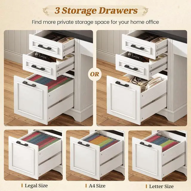 Alt view image 3 of 7 - Farmhouse L Shaped Desk with Hutch and 3 Drawers, 68.9" Executive Office Desk with File Drawer and Power Outlet, Corner Computer Desk with Storage Shelves for Home Office, White