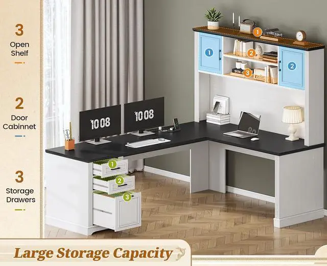 Alt view image 7 of 7 - Farmhouse L Shaped Desk with Hutch and 3 Drawers, 68.9" Executive Office Desk with File Drawer and Power Outlet, Corner Computer Desk with Storage Shelves for Home Office, White