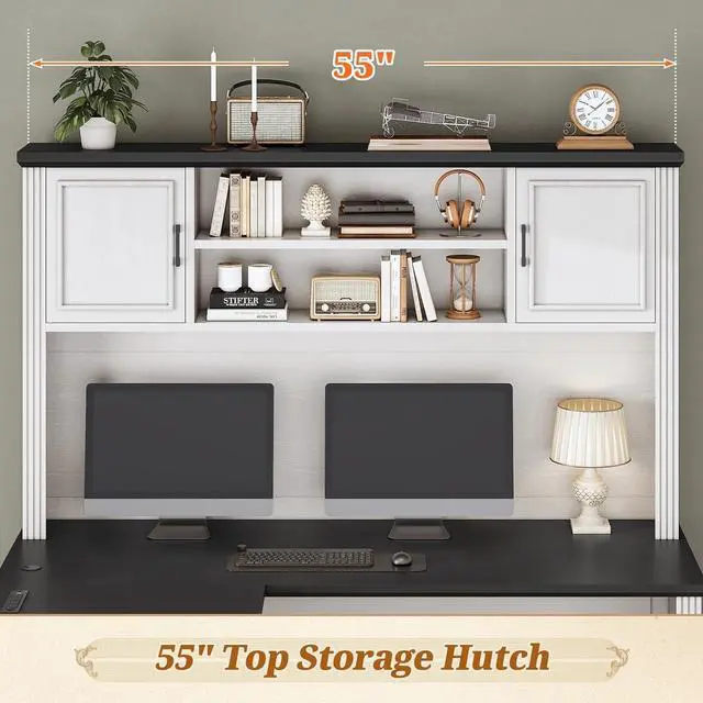 Alt view image 4 of 7 - Farmhouse L Shaped Desk with Hutch and 3 Drawers, 68.9" Executive Office Desk with File Drawer and Power Outlet, Corner Computer Desk with Storage Shelves for Home Office, White