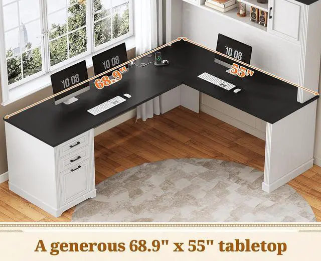 Alt view image 6 of 7 - Farmhouse L Shaped Desk with Hutch and 3 Drawers, 68.9" Executive Office Desk with File Drawer and Power Outlet, Corner Computer Desk with Storage Shelves for Home Office, White