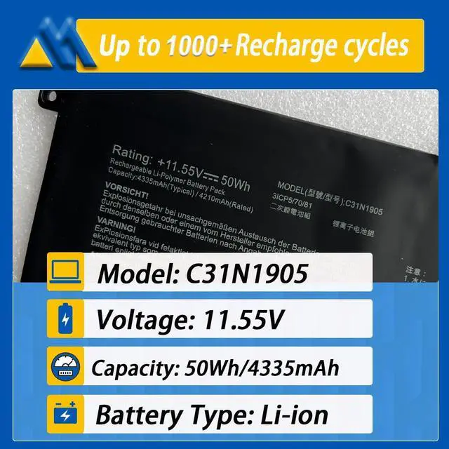 Alt view image 2 of 6 - 50Wh C31N1905 Laptop Battery Replacement for Asus Adolbook13 2020 Dolbook14 2020 VivoBook S13 S333 S333JA S14 S433F S433 M433 S433FL S433FA S15 M533IA S533FA Series 0B200-03580200 11.55V