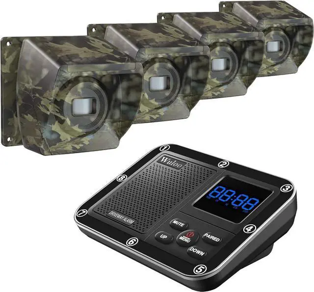 Main image of 1800 Ft Wireless Outside Driveway Alarm Outdoor Motion Sensor & Detector Driveway Alert System, Rechargeable Battery/Weatherproof/Mute Mode/Clock and Alarm Functional (1&4-Camouflage)