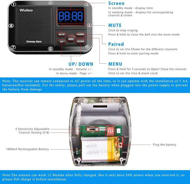 Alt view image 6 of 7 - 1800 Ft Wireless Outside Driveway Alarm Outdoor Motion Sensor & Detector Driveway Alert System, Rechargeable Battery/Weatherproof/Mute Mode/Clock and Alarm Functional (1&4-Camouflage)