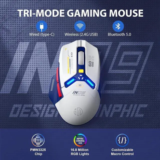 Alt view image 2 of 7 - INPHIC IN9 Wireless Gaming Mouse, True Tri-Mode Bluetooth/Type-C Wired/2.4G Wireless Connection, 10000 DPl, Fully Programmable, RGB Backlit, for Laptop PC Mac