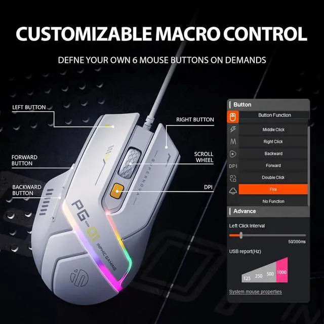 Alt view image 5 of 7 - INPHIC Wired Computer Gaming Mouse Ergonomic, 12800 DPI High-Precision, 6 Programmable Buttons, RGB Backlit for Gaming - White Gray