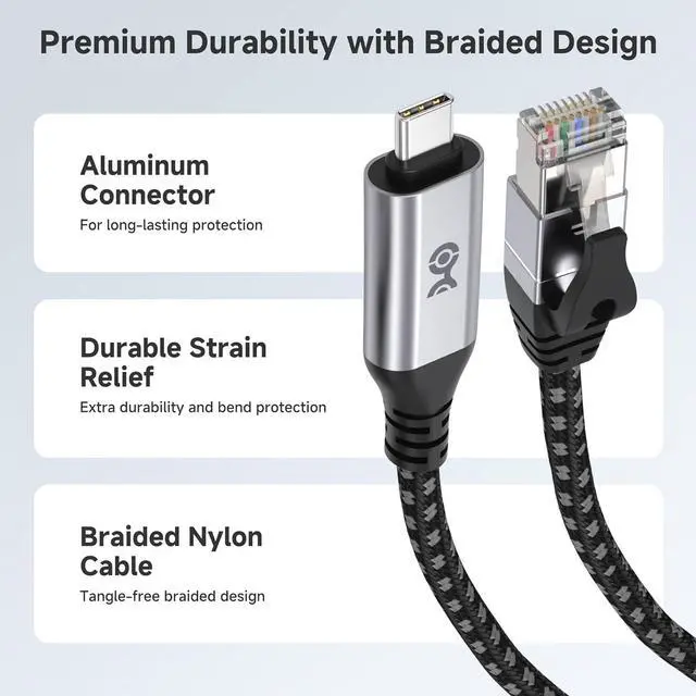 Alt view image 6 of 7 - Cable Matters Plug & Play Braided USB C to Ethernet Cable - 10ft, Gigabit Ethernet to USB C Cable, Thunderbolt 4/5 Compatible, Ideal for MacBook, iPad Pro, XPS, Surface Pro