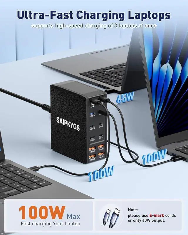 Alt view image 3 of 6 - 600W USB C Charger Block, 12 Port Fast Charging Station with Dual PD 100W Leather Texture Laptop Charger Adapter for Multiple Devices Compatible for MacBook Pro/Air,iPhone,iPad,Galaxy,Dell (Black)