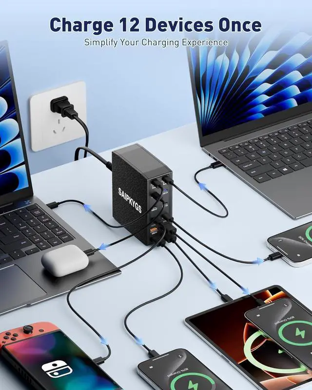 Alt view image 4 of 6 - 600W USB C Charger Block, 12 Port Fast Charging Station with Dual PD 100W Leather Texture Laptop Charger Adapter for Multiple Devices Compatible for MacBook Pro/Air,iPhone,iPad,Galaxy,Dell (Black)