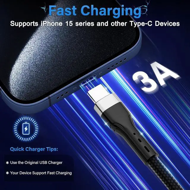 Alt view image 2 of 6 - USB A to USB C Cable (1 FT, 20-Pack), Multi Pack Bulk Nylon USB A to C Charger Cable, 3A Fast Charging for iPhone 15/15 Pro /15 Plus /15 Pro Max, iPad Mini/Air/Pro, Galaxy S23, LG, Black
