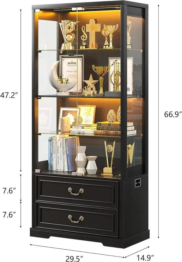 Alt view image 2 of 7 - 67" Tall Display Cabinet with Glass Doors and 2 Drawers, Adjustable Glass Height, Curio Cabinet with 3 LED Lights and Human Body Sensor (White) Black