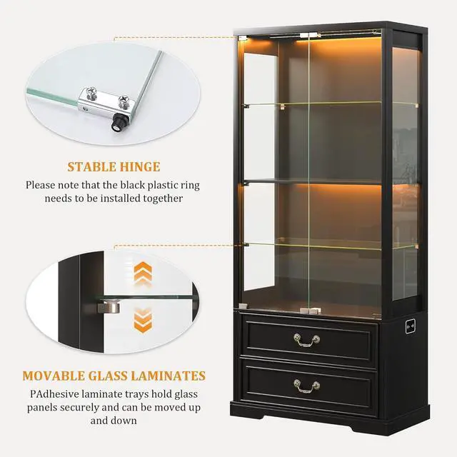 Alt view image 5 of 7 - 67" Tall Display Cabinet with Glass Doors and 2 Drawers, Adjustable Glass Height, Curio Cabinet with 3 LED Lights and Human Body Sensor (White) Black