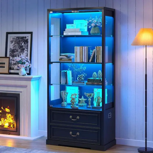 Main image of 67" Tall Display Cabinet with Glass Doors and 2 Drawers, Adjustable Glass Height, Curio Cabinet with 3 LED Lights and Human Body Sensor (White) Black