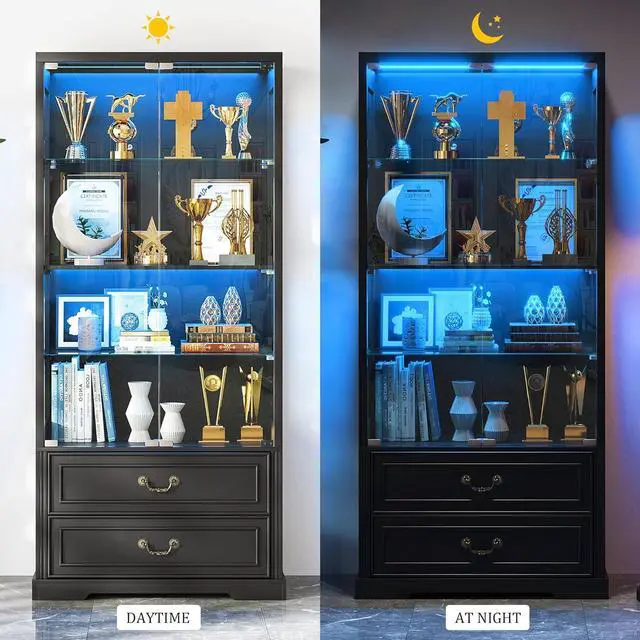 Alt view image 6 of 7 - 67" Tall Display Cabinet with Glass Doors and 2 Drawers, Adjustable Glass Height, Curio Cabinet with 3 LED Lights and Human Body Sensor (White) Black