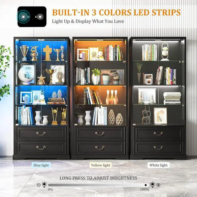 Alt view image 4 of 7 - 67" Tall Display Cabinet with Glass Doors and 2 Drawers, Adjustable Glass Height, Curio Cabinet with 3 LED Lights and Human Body Sensor (White) Black