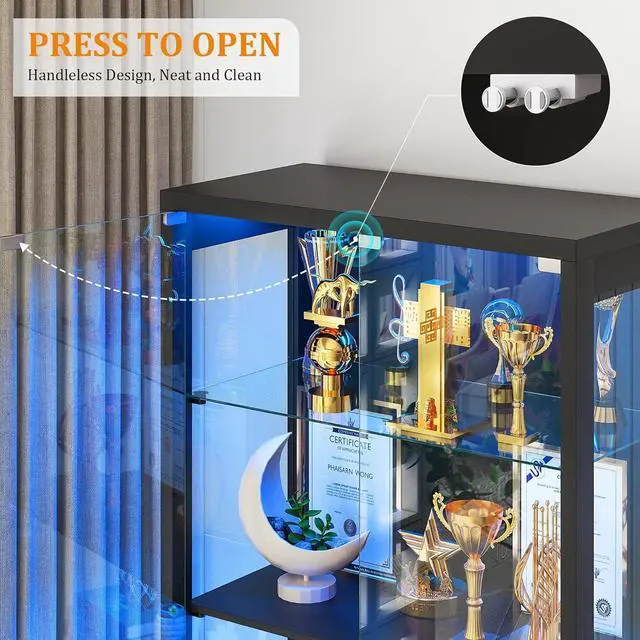 Alt view image 3 of 7 - 67" Tall Display Cabinet with Glass Doors and 2 Drawers, Adjustable Glass Height, Curio Cabinet with 3 LED Lights and Human Body Sensor (White) Black