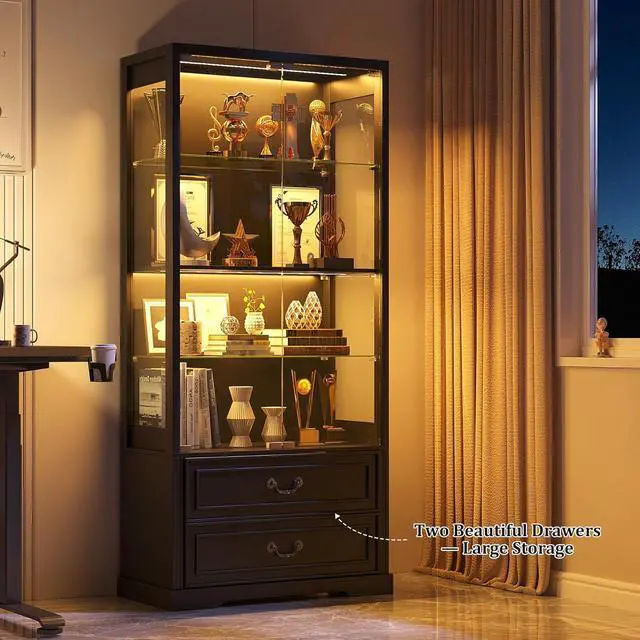 Alt view image 7 of 7 - 67" Tall Display Cabinet with Glass Doors and 2 Drawers, Adjustable Glass Height, Curio Cabinet with 3 LED Lights and Human Body Sensor (White) Black