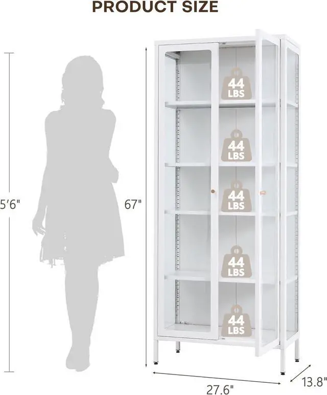Alt view image 2 of 7 - 5-Tier Glass Display Cabinet with LED Lights, 67" Tall Metal Curio Cabinets with Glass Door and 4 Adjustable Shelves, Large Display Case for Collectibles Figures China Books (White)
