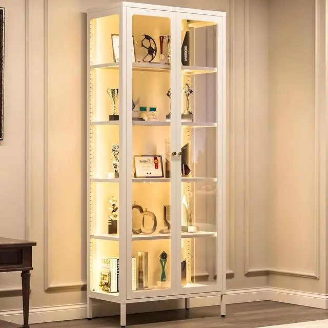 Main image of 5-Tier Glass Display Cabinet with LED Lights, 67" Tall Metal Curio Cabinets with Glass Door and 4 Adjustable Shelves, Large Display Case for Collectibles Figures China Books (White)