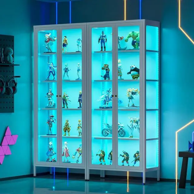 Alt view image 4 of 7 - 5-Tier Glass Display Cabinet with LED Lights, 67" Tall Metal Curio Cabinets with Glass Door and 4 Adjustable Shelves, Large Display Case for Collectibles Figures China Books (White)