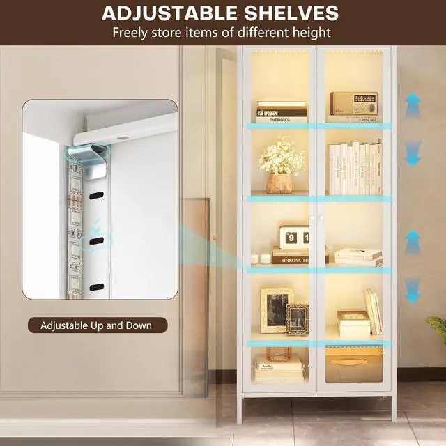 Alt view image 5 of 7 - 5-Tier Glass Display Cabinet with LED Lights, 67" Tall Metal Curio Cabinets with Glass Door and 4 Adjustable Shelves, Large Display Case for Collectibles Figures China Books (White)