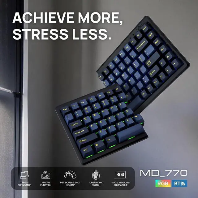Alt view image 2 of 7 - MD770 RGB BT5.0 Glaze Blue TKL Ergonomic Mechanical Keyboard, 75% Split Layout, Cherry MX, PBT DoubleShot Keycap, Mac/Windows OS Compatible (Cherry Brown)